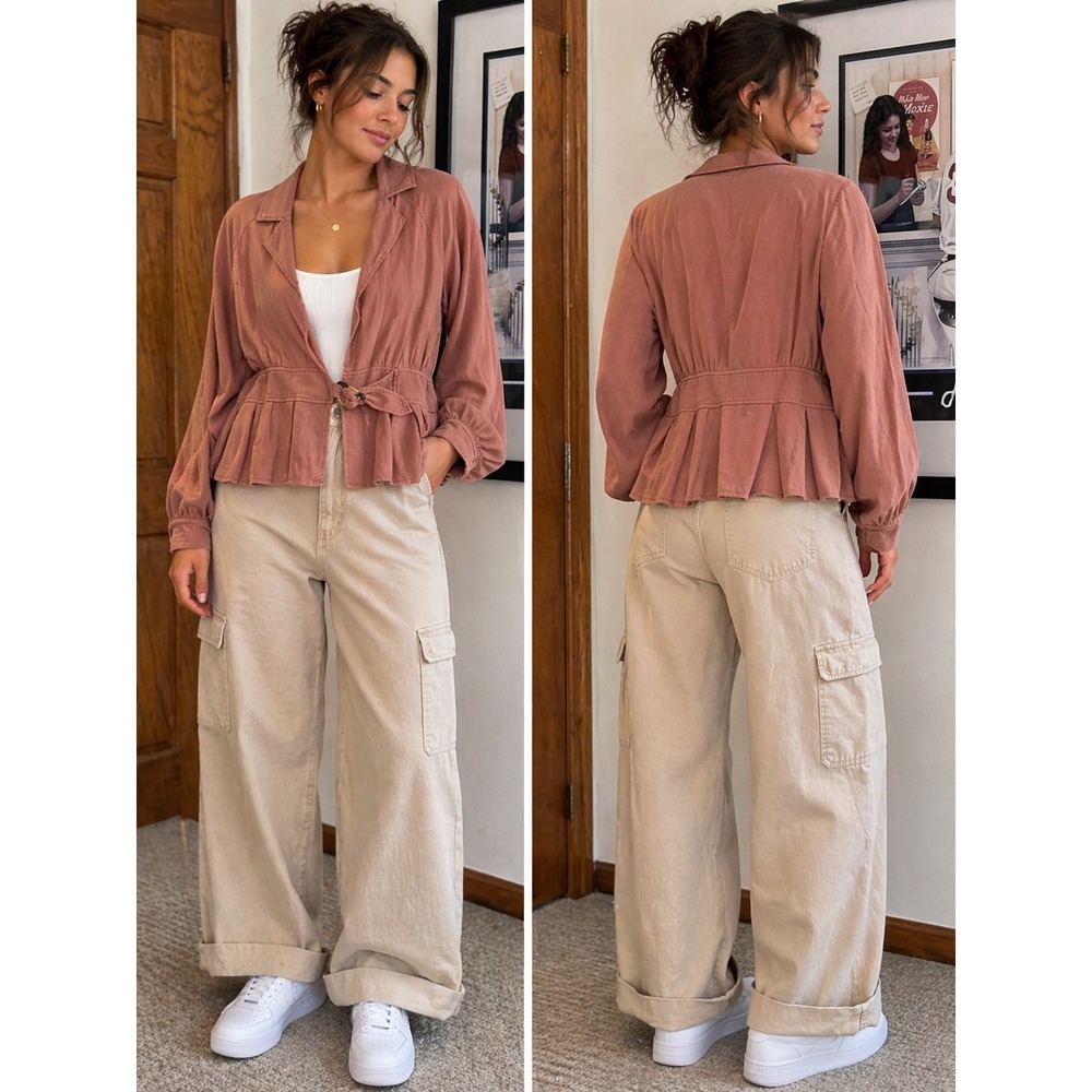Free People Mauve Linen Blend Wrap Top XS Boho Tie Front‎ Peplum Blouse Light